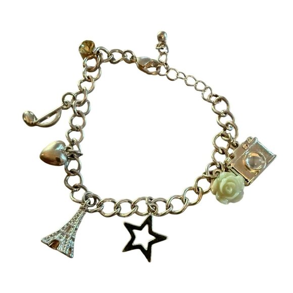 Silver Travel Charm Bracelet with Eiffel Tower Star Heart Rose & Camera Charms - Picture 1 of 4